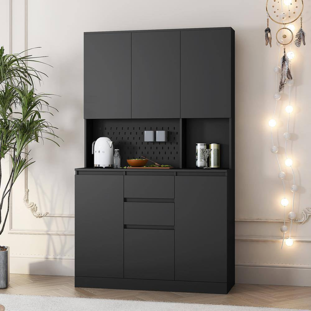 Black 74 In. Large Wood Pantry Organizer with Roll-Out 2-Drawer and Storage Shelves Freestanding Cupboard Buffet Cabinet