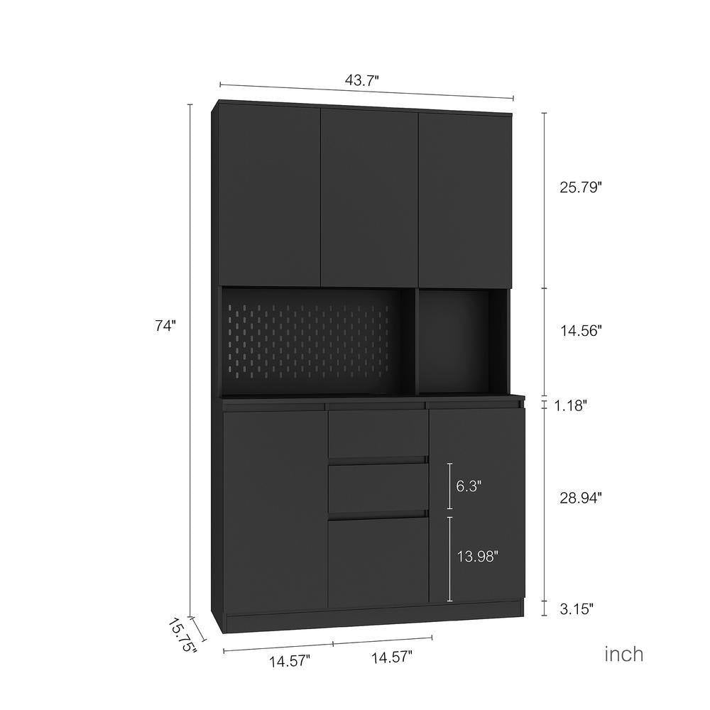 Black 74 In. Large Wood Pantry Organizer with Roll-Out 2-Drawer and Storage Shelves Freestanding Cupboard Buffet Cabinet