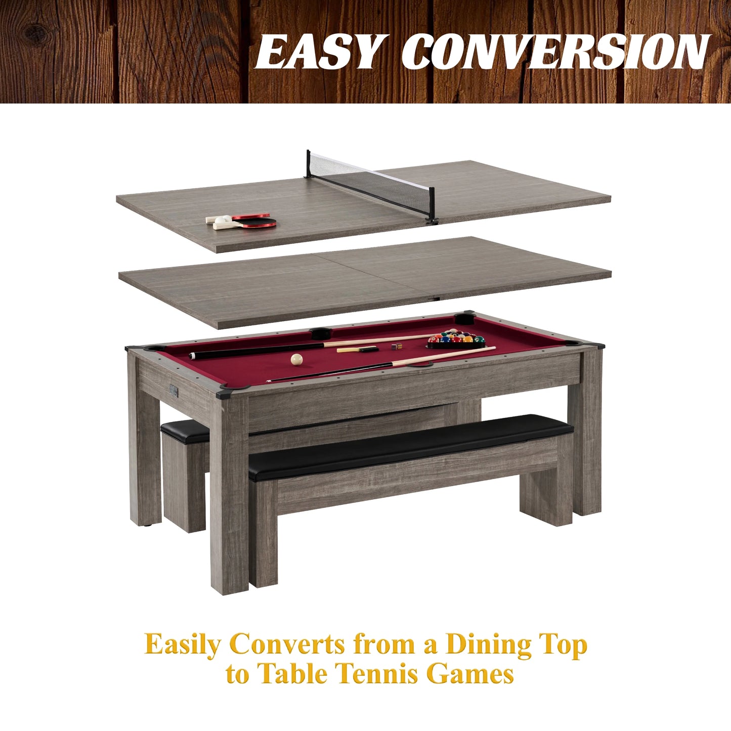 6 Ft 3 in 1 Pool Table with Table Tennis and Dining Table Conversion Top, Includes All Accessories, by