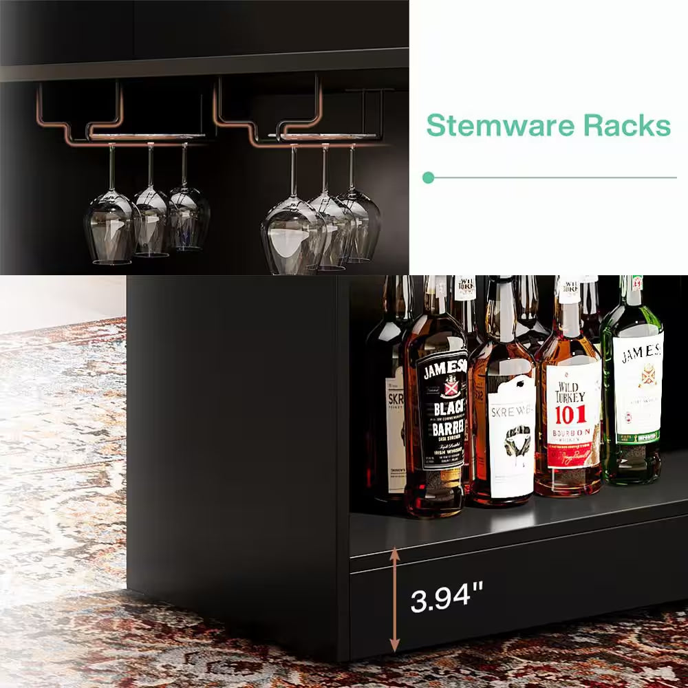 Kearsten Black 44.09 In. Corner Bar L-Shaped Home Bar Table with Stemware Racks, 4-Tier Bar Cabinet Unit Liquor Table