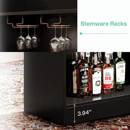 Kearsten Black 44.09 In. Corner Bar L-Shaped Home Bar Table with Stemware Racks, 4-Tier Bar Cabinet Unit Liquor Table