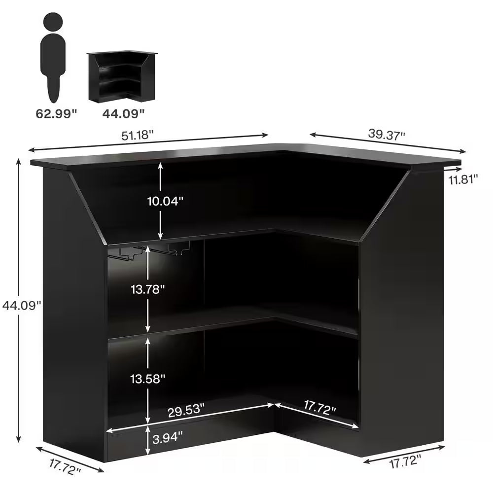 Kearsten Black 44.09 In. Corner Bar L-Shaped Home Bar Table with Stemware Racks, 4-Tier Bar Cabinet Unit Liquor Table