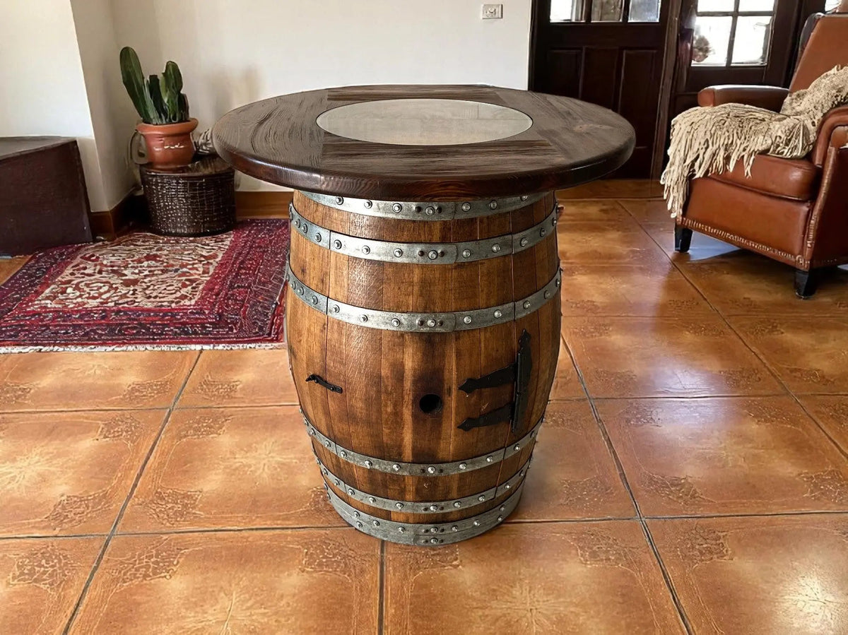 Whiskey & Wine Barrel Pub Set — 2 Stools, Counter Height, Cabinet Storage