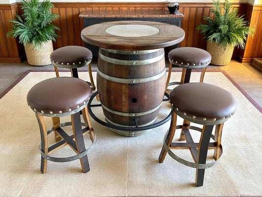 Whiskey & Wine Barrel Bistro Pub Set — Glass Top, Foot Rail