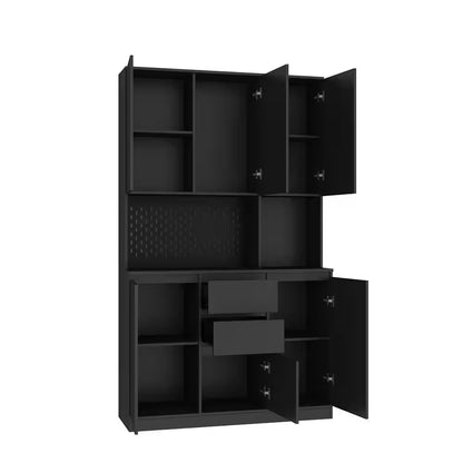 Black 74 In. Large Wood Pantry Organizer with Roll-Out 2-Drawer and Storage Shelves Freestanding Cupboard Buffet Cabinet