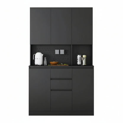 Black 74 In. Large Wood Pantry Organizer with Roll-Out 2-Drawer and Storage Shelves Freestanding Cupboard Buffet Cabinet