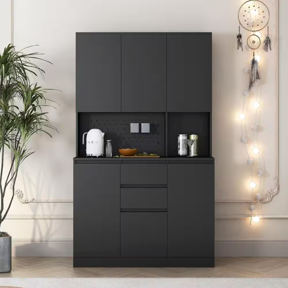 Black 74 In. Large Wood Pantry Organizer with Roll-Out 2-Drawer and Storage Shelves Freestanding Cupboard Buffet Cabinet