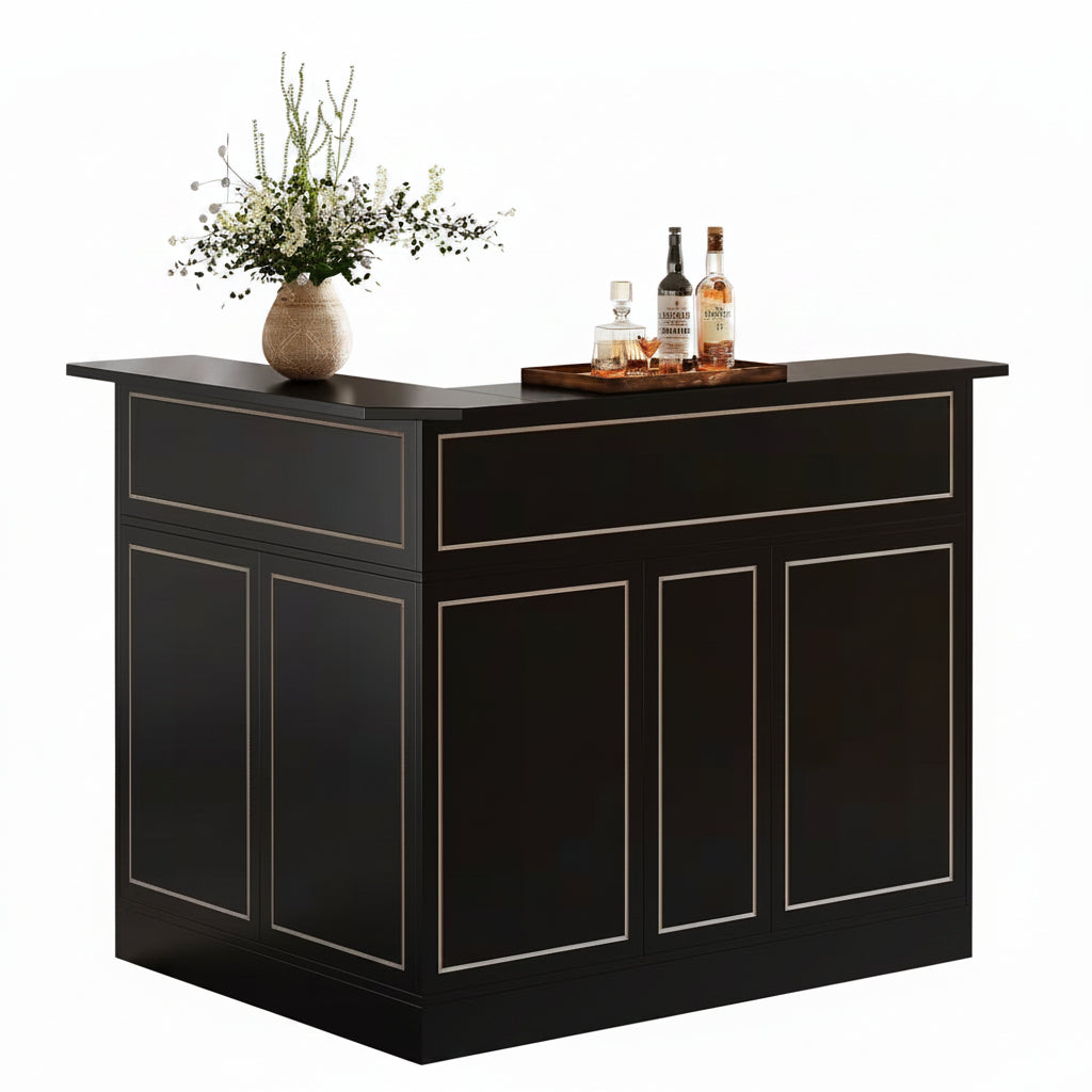 Kearsten Black 44.09 In. Corner Bar L-Shaped Home Bar Table with Stemware Racks, 4-Tier Bar Cabinet Unit Liquor Table
