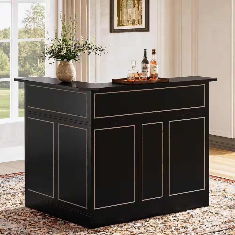 Kearsten Black 44.09 In. Corner Bar L-Shaped Home Bar Table with Stemware Racks, 4-Tier Bar Cabinet Unit Liquor Table
