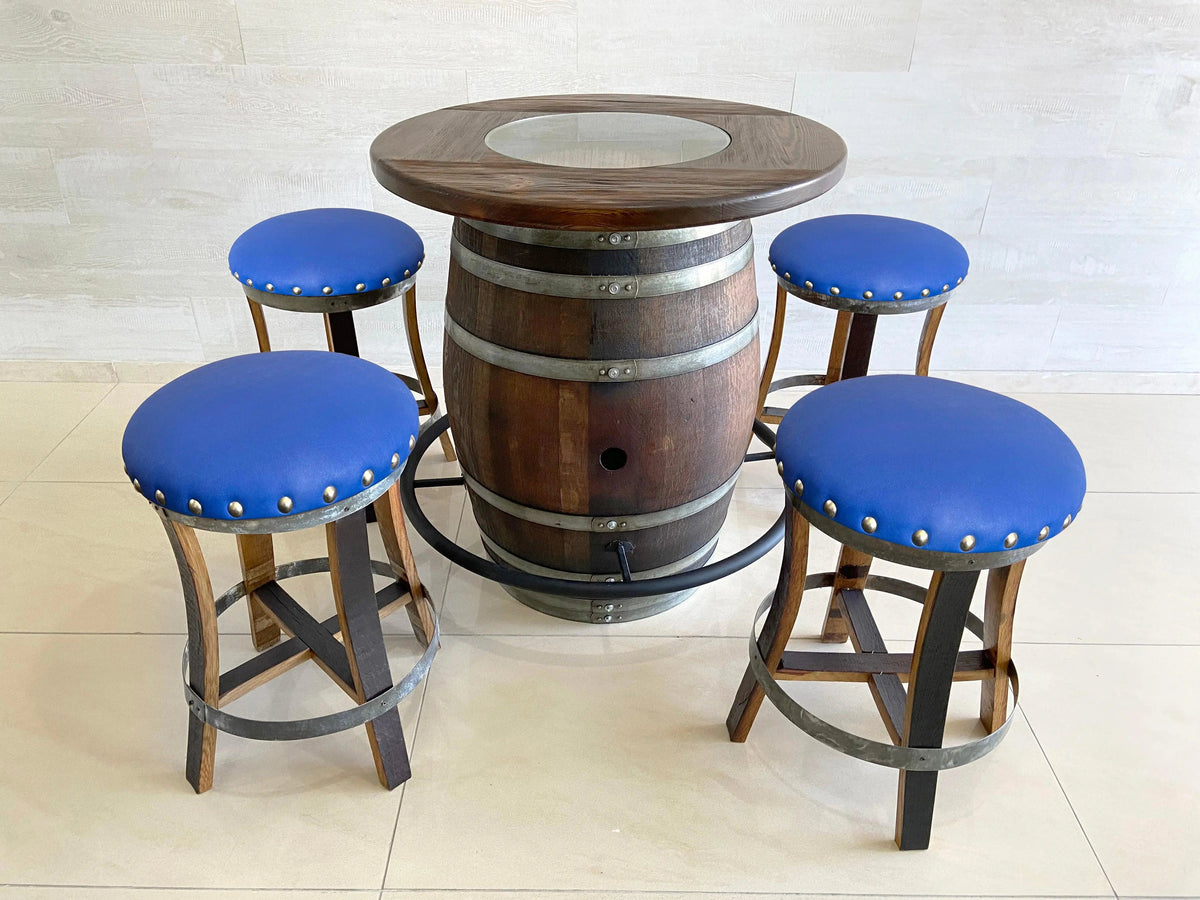 Whiskey & Wine Barrel Bistro Pub Set — Glass Top, Foot Rail